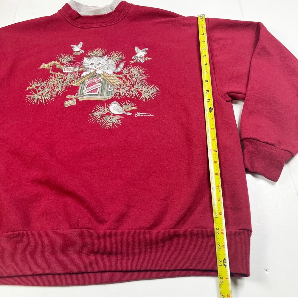 Vintage Cat Sweatshirt size Large Birds Nature Red Pullover - Picture 8 of 10